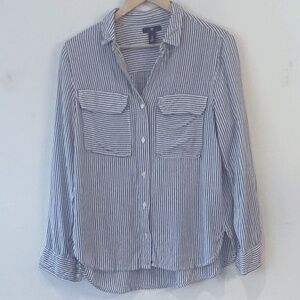 Gap Navy Stripe Long Sleeve Button Up Blouse With Front Pocket Detail